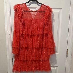 Badgley Mischka Red Lace Tiered Dress